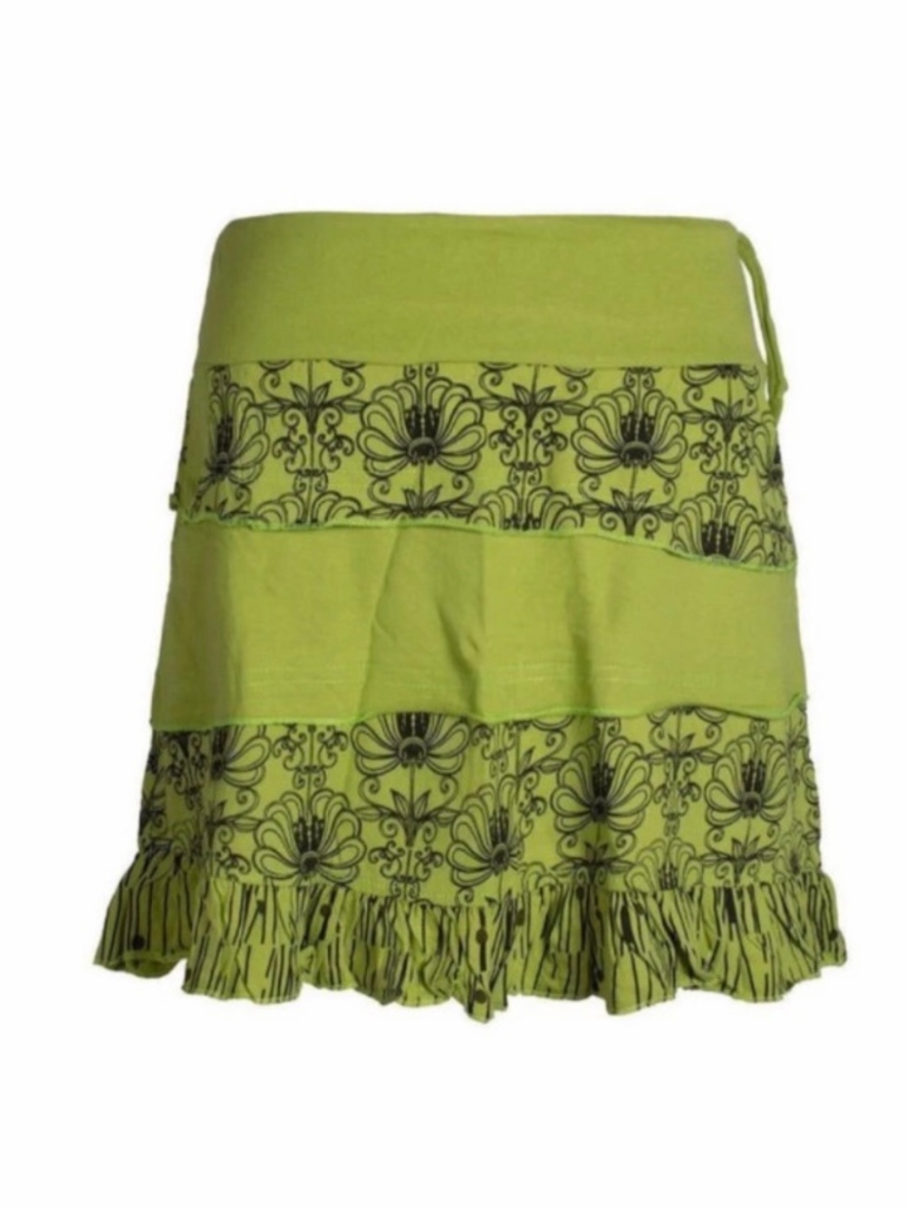 Vishes Boho Mandala Asymmetric Ruffle Mini Skirt – Lime Green